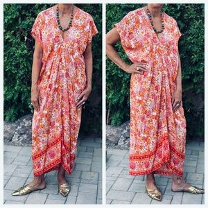 BALI QUEEN Floral Pink Orange Kaftan OS